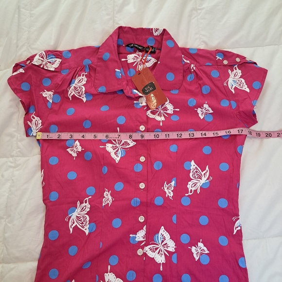 Dead Threads Womens M Shirt Pink Blue Polka Dots Butterfly Girly Button Down - Picture 4 of 11
